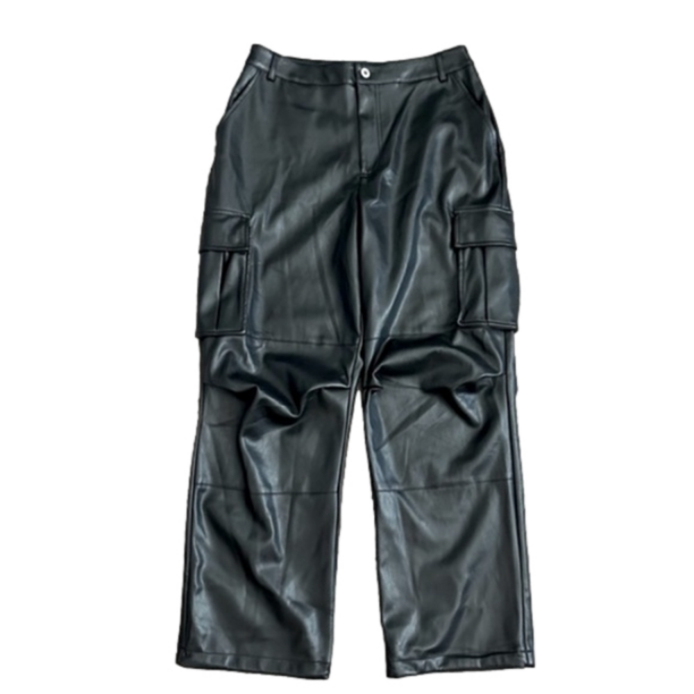NWOT For All Man Kind Black Faux Leather Cargo Bootcut Baggy Pants Button Fly.